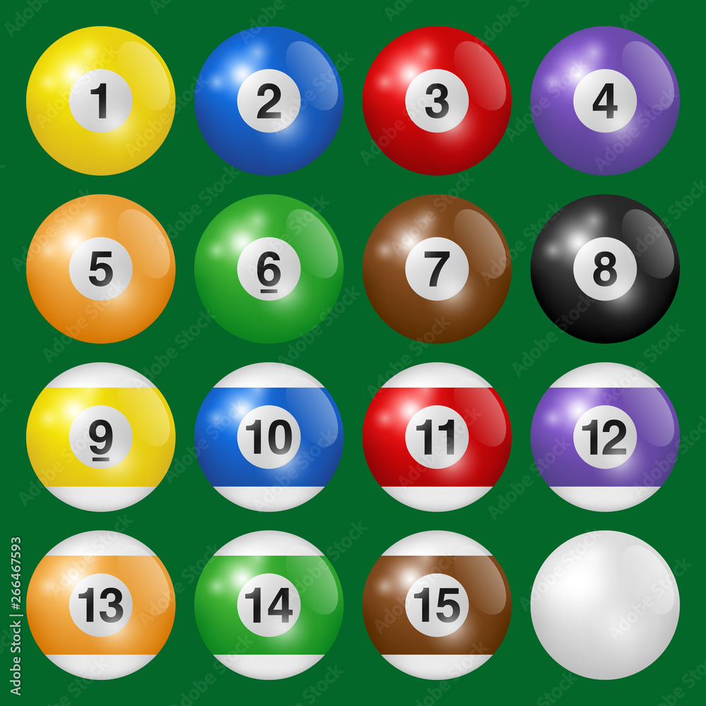 Billiard, pool and snooker balls collection. Set of billiard balls isolated on green background. Vector illustration. Billiard, pool and snooker balls collection. Set of billiard balls isolated on green background. Vector illustration.