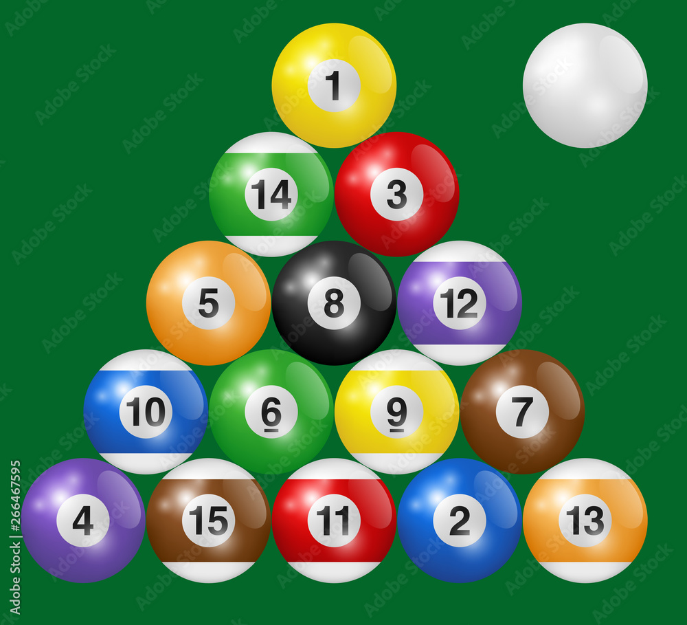 Billiard balls triangle isolated on green background. Three-dimensional and realistic looking vector illustration. Billiard balls triangle isolated on green background. Three-dimensional and realistic looking vector illustration.