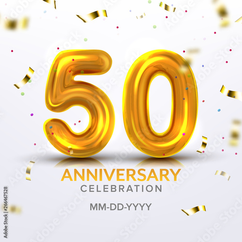 Fiftieth Anniversary Celebration Number Vector. Template Of Modern Invitation Postal Decorated Gold Inflatable Number Fifty Like Air Balloon, Foil And Confetti On Background. 3d Illustration