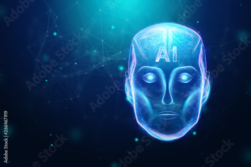 Blue Hologram robot head  artificial intelligence on blue background. Concept neural networks  autopilot  robotization  industrial revolution 4.0. 3D illustration  3D rendering.
