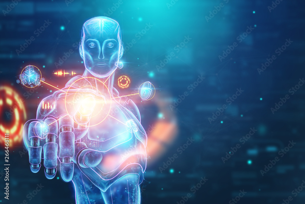 Blue Hologram of a robot, cyborg, artificial intelligence on a blue background. Concept neural networks, autopilot, robotization, industrial revolution 4.0. 3D illustration, 3D rendering.