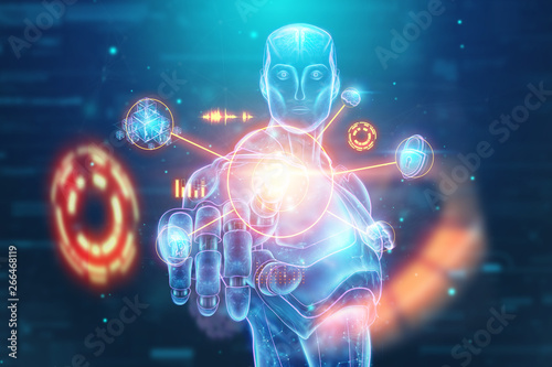 Blue Hologram of a robot, cyborg, artificial intelligence on a blue background. Concept neural networks, autopilot, robotization, industrial revolution 4.0. 3D illustration, 3D rendering.
