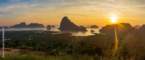 Amazing wild nature of Asia. Scenic landscape in Phang-nga bay at sunrise. Samet Nangshe viewpoint.