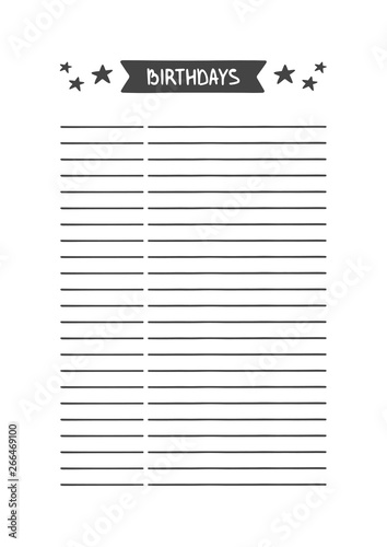 Birthdays. Vector Template for Agenda, Planner and Other Stationery. Printable Organizer for Study, School or Work. Objects Isolated on White Background.