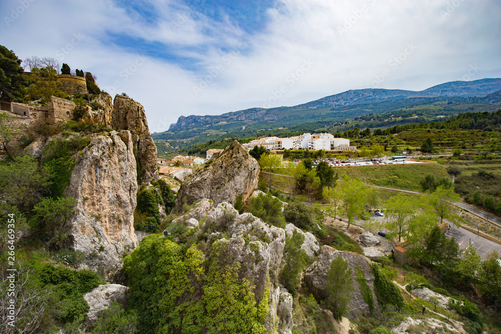 Panoramic view to beautiful landscape in mountain village Guadalest, Spain.