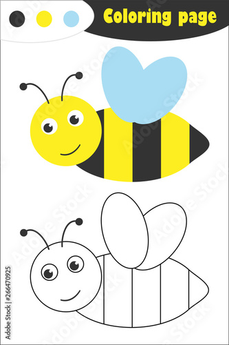 Bee in cartoon style, coloring page, spring education paper game for the development of children, kids preschool activity, printable worksheet, vector illustration
