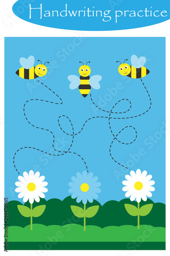 Bees and flowers, spring handwriting practice sheet, kids preschool activity, educational children game, printable worksheet, writing training, vector illustration