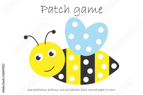 Education Patch game bee for children to develop motor skills, use plasticine patches, buttons, colored paper or color the page, kids preschool activity, printable worksheet, vector illustration
