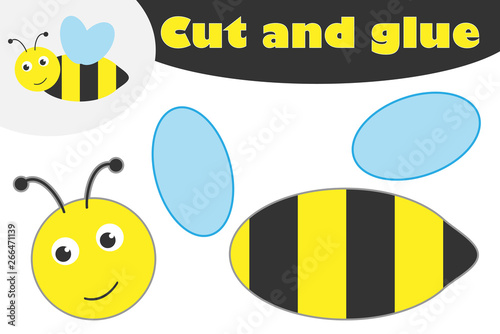 Bee in cartoon style, education game for the development of preschool children, use scissors and glue to create the applique, cut parts of the image and glue on the paper, vector illustration