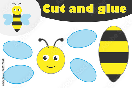 Cute bee in cartoon style, education game for the development of preschool children, use scissors and glue to create the applique, cut parts of the image and glue on the paper, vector illustration