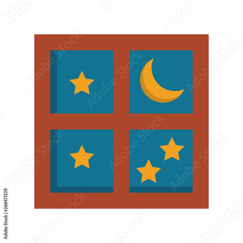 Night moon and stars through window