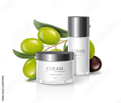 Moisturizing cream jar with milk body lotion with olive oil. Isolated cosmetic package