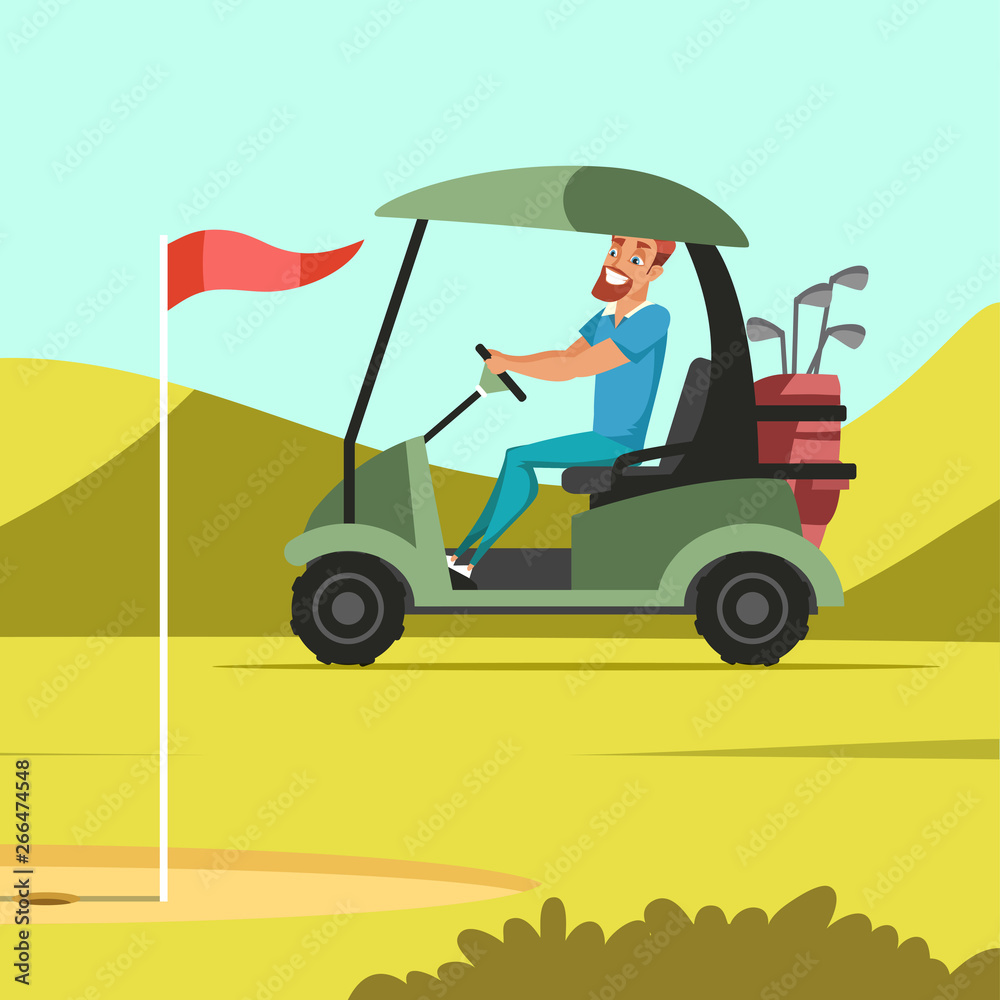 Man driving electric car at golf court Man driving electric car at golf court