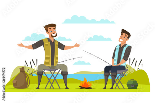 Friends fishing at river bank vector illustration