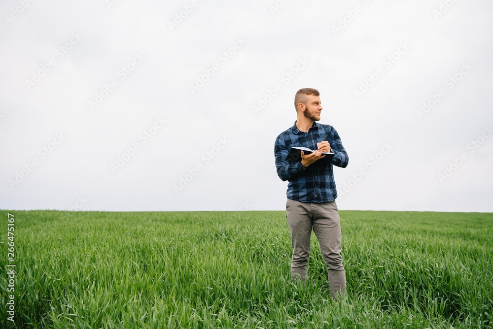 Young agronomist holds notebook in green wheat field. Agribusiness concept. agricultural engineer standing in a wheat field with a tablet in summer Young agronomist holds notebook in green wheat field. Agribusiness concept. agricultural engineer standing in a wheat field with a tablet in summer