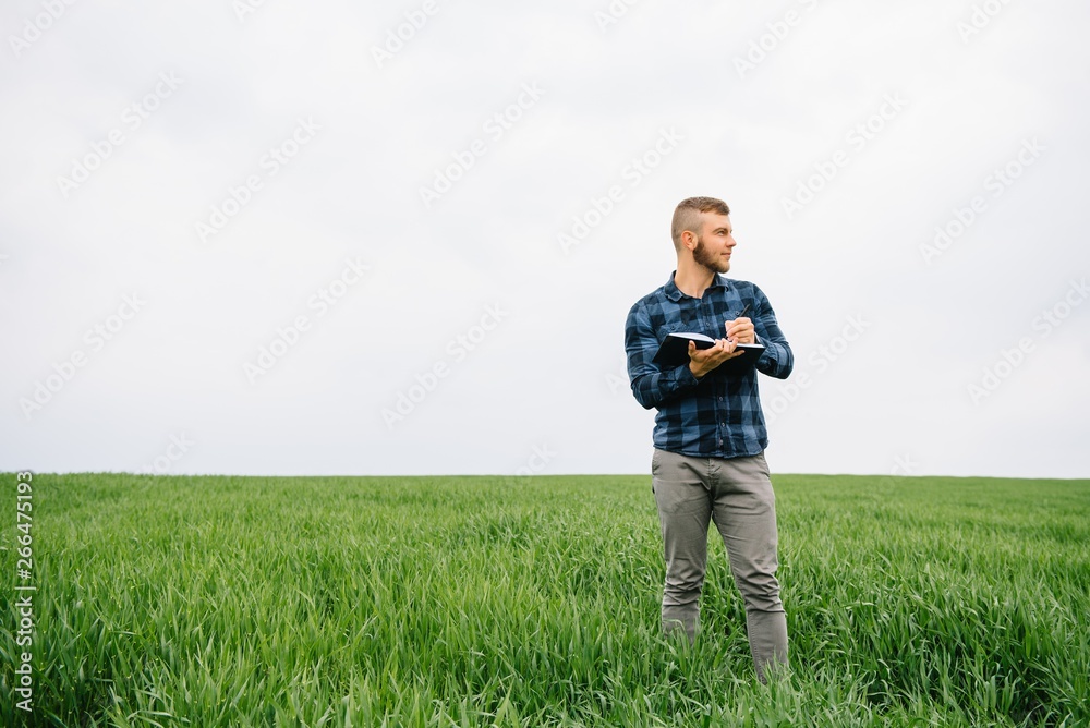 Young agronomist holds notebook in green wheat field. Agribusiness concept. agricultural engineer standing in a wheat field with a tablet in summer Young agronomist holds notebook in green wheat field. Agribusiness concept. agricultural engineer standing in a wheat field with a tablet in summer