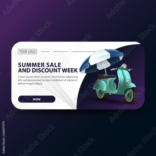 Summer sale and discount week, horizontal banner with modern design and scooter with a beach umbrella