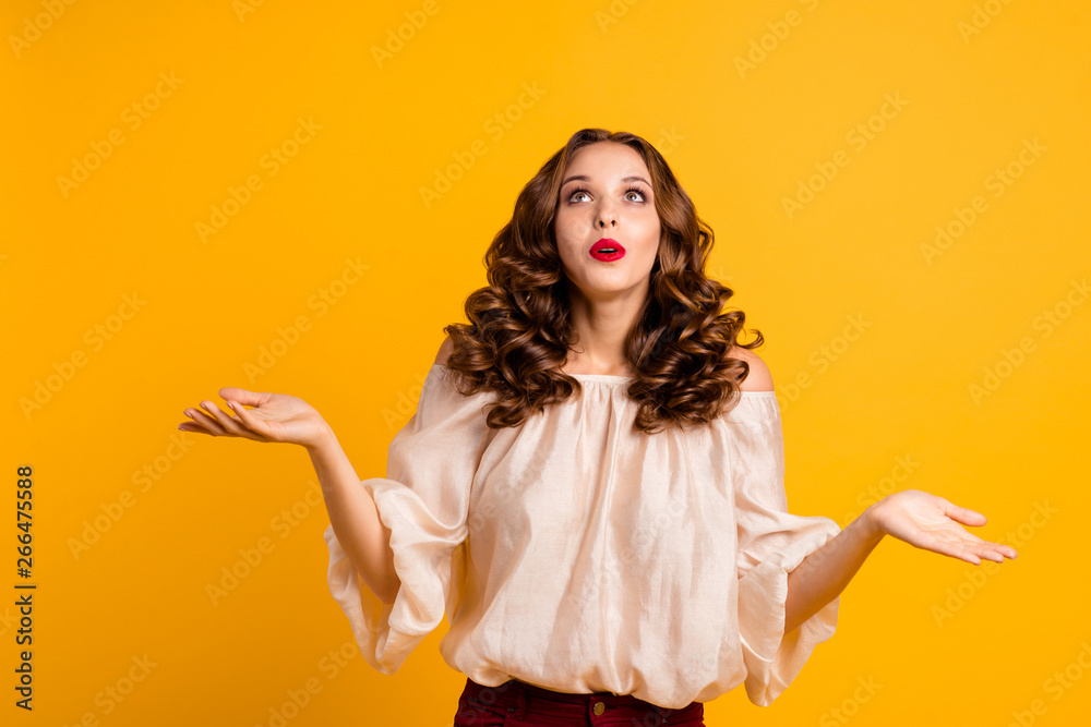 Portrait of astonished worried teen teenager impressed by unbelievable news dont know cant solve decide choose shrug shoulders isolated on yellow background dressed in modern outfit have makeup Portrait of astonished worried teen teenager impressed by unbelievable news dont know cant solve decide choose shrug shoulders isolated on yellow background dressed in modern outfit have makeup