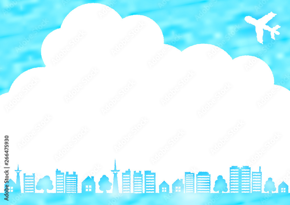 Obraz Obramowanie ramki w stylu przypominającym akwarele błękitne niebo, samolot, drzewo i dom