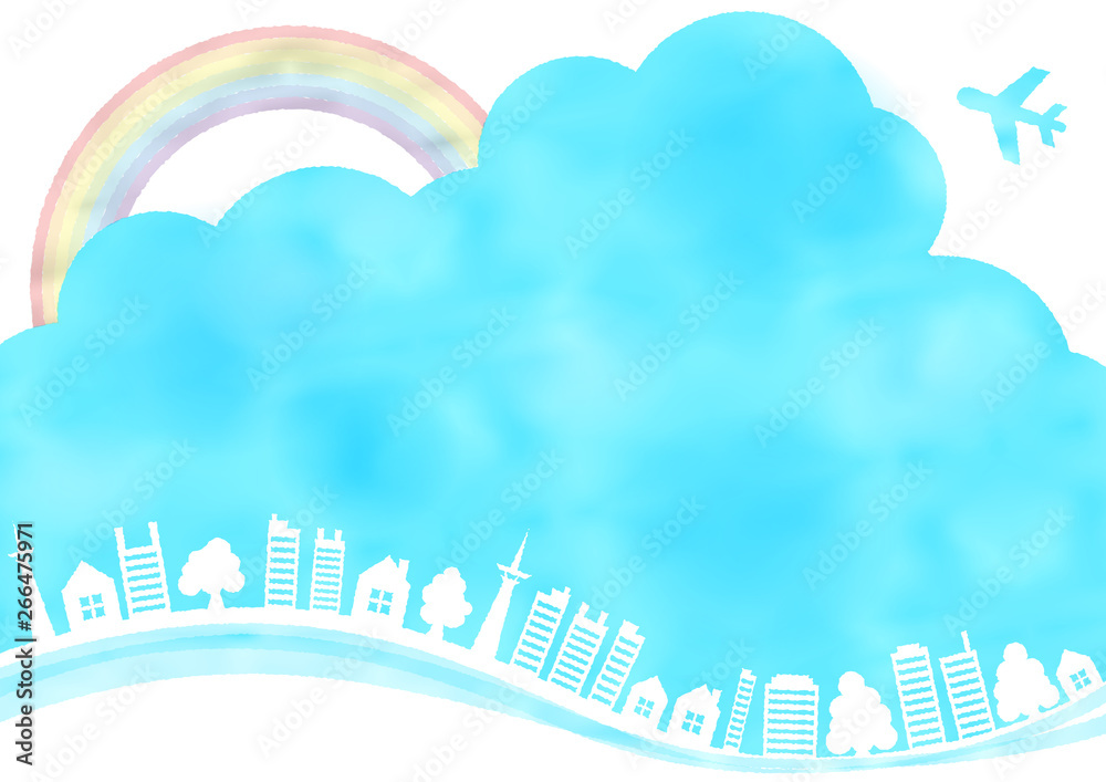 Obraz Obramowanie ramki w stylu przypominającym akwarele tęczy, samolotu, drzewa i domu błękitne niebo