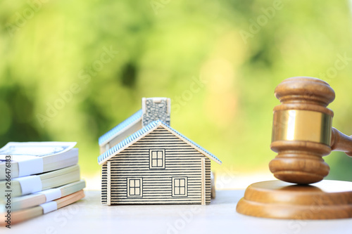 Property auction, Gavel wooden and model house on natural green background, lawyer of home real estate and ownership property concept