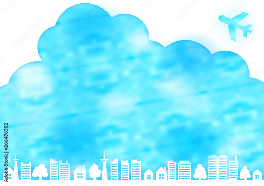 Obraz Ramka w stylu akwareli z błękitnego nieba, samolotu, drzewa i domu