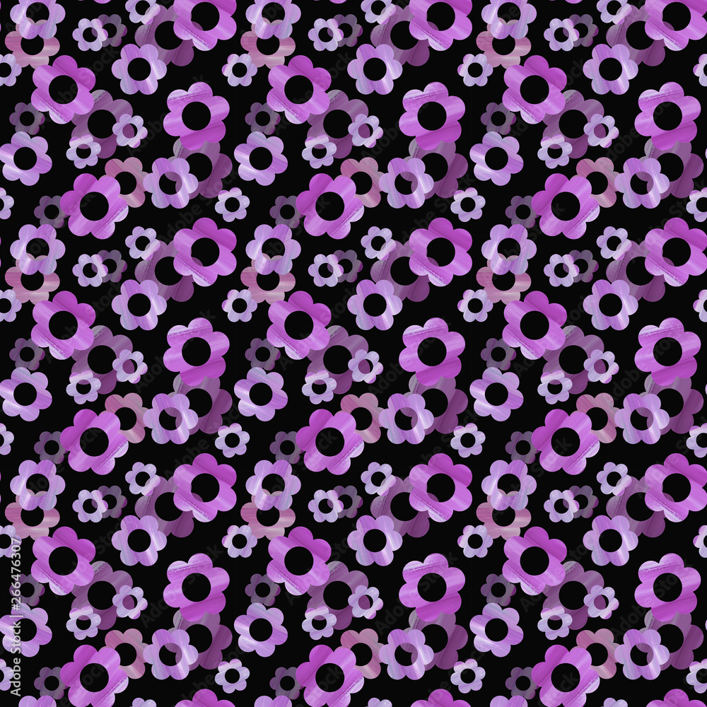 Beautiful seamless pattern of purple acrylic flowers on black background.