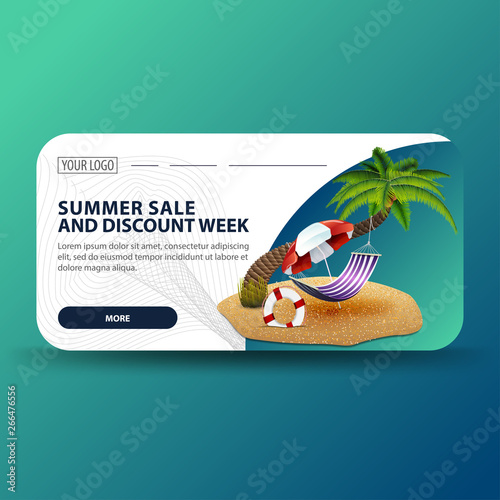 Summer sale and discount week, horizontal banner with modern design, palm tree, hammock and beach umbrella