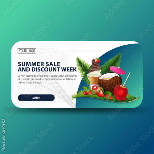 Summer sale and discount week, horizontal banner with modern design, coconut cocktail, strawberry, raspberry, cherry and ice cream on palm leaf