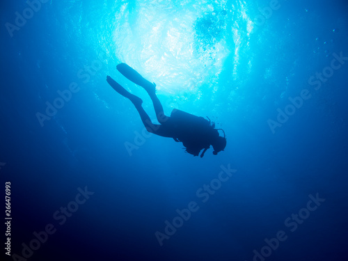 Silhouette of a scuba diver in a clear blue sea