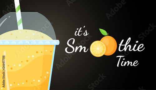 Orange smoothie logo fruit cocktail flat vector illustration. Smoothie logo on black background, glass filled with orange smoothies cocktail for fitness landing page concept. Clipping mask applied.