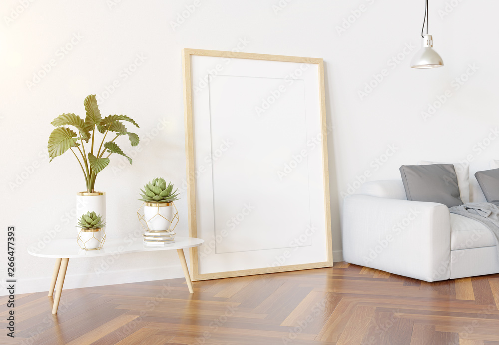 Wooden frame leaning in bright white living room with plants and decorations mockup 3D rendering