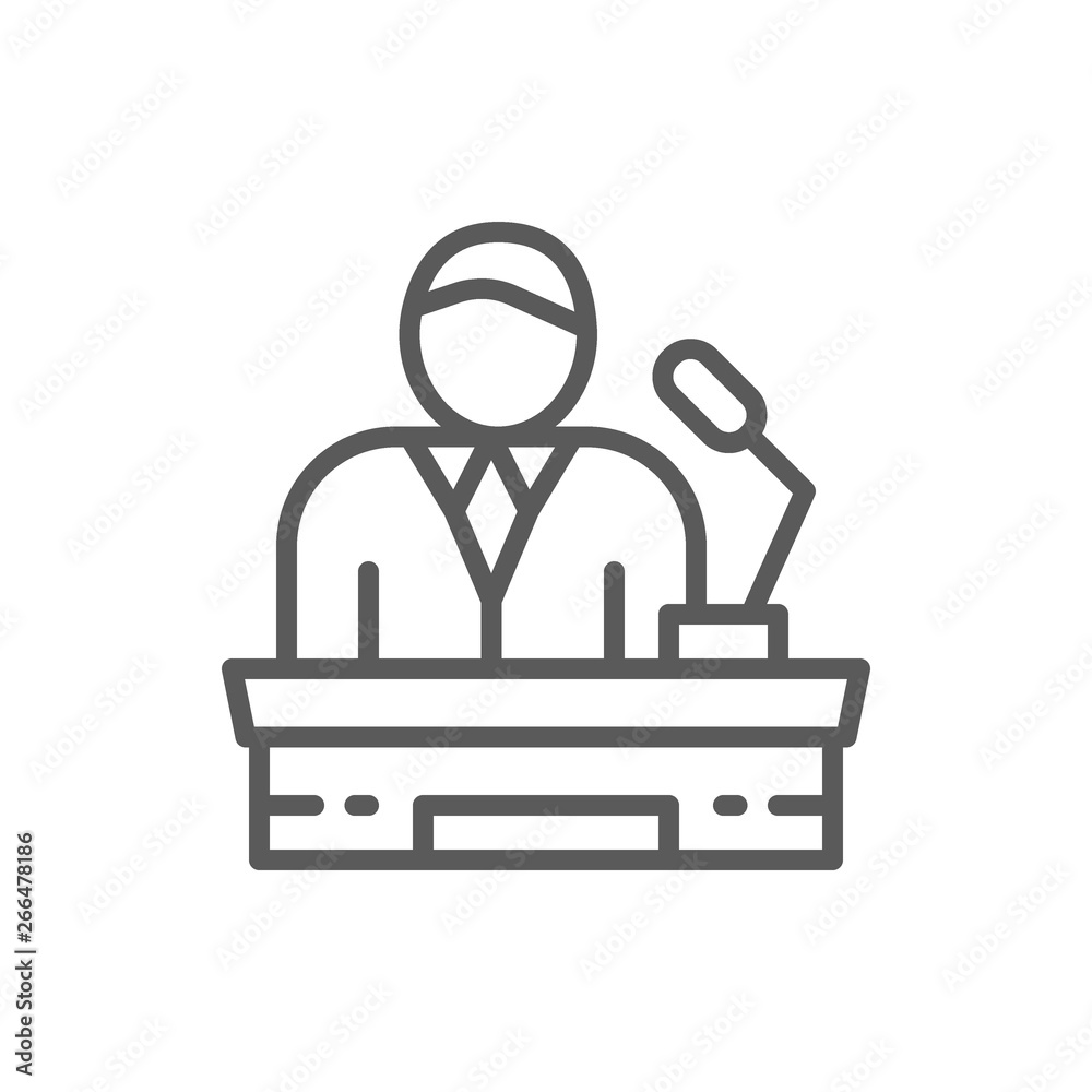 Speaker on tribune, project presentation, president, leader line icon. Speaker on tribune, project presentation, president, leader line icon.