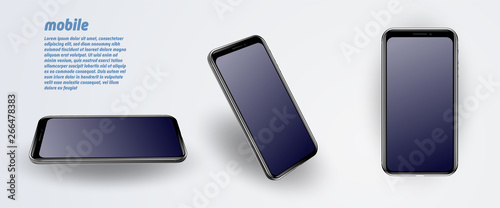 Mock up phone with blank screen. Isolated vector illustration. Black smartphone at different angles