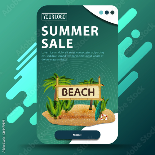 Summer sale, vertical web banner with modern design for your website with coconut palms and bamboo sign with the inscription "beach"
