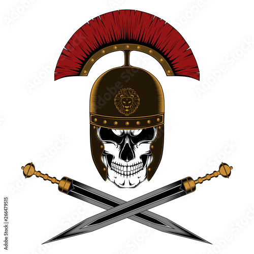 Color vector image of a legionnaire skull in a helmet with swords. Image on white background.