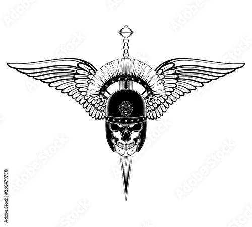 Vector image of a legionnaire skull in a helmet with a sword and wings. Black and white vector image on a white background. © Hanna