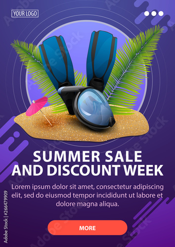 Summer sale and discount week, vertical discount banner with modern design in dark shades for your website with diving mask, fins and palm leaves