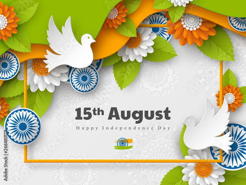 Indian Independence day holiday design. 3d wheels, doves, flowers with leaves in traditional tricolor of indian flag. Paper cut layered art. Vector illustration.