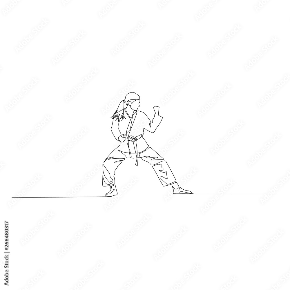 Karate girl is standing in a fighting pose continuous line drawing. Vector illustration.