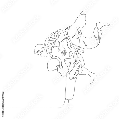 Continuous line drawing judoka makes a throw. Judo theme. Vector illustration.