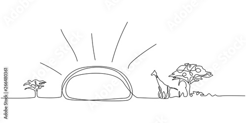 Continuous line landscape Africa. One line drawing Savannah in Africa. Vector illustration.