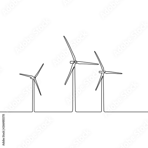 Continuous one line wind farm. Wind turbines. Horizontal axis wind power plant. Vector illustration. photo