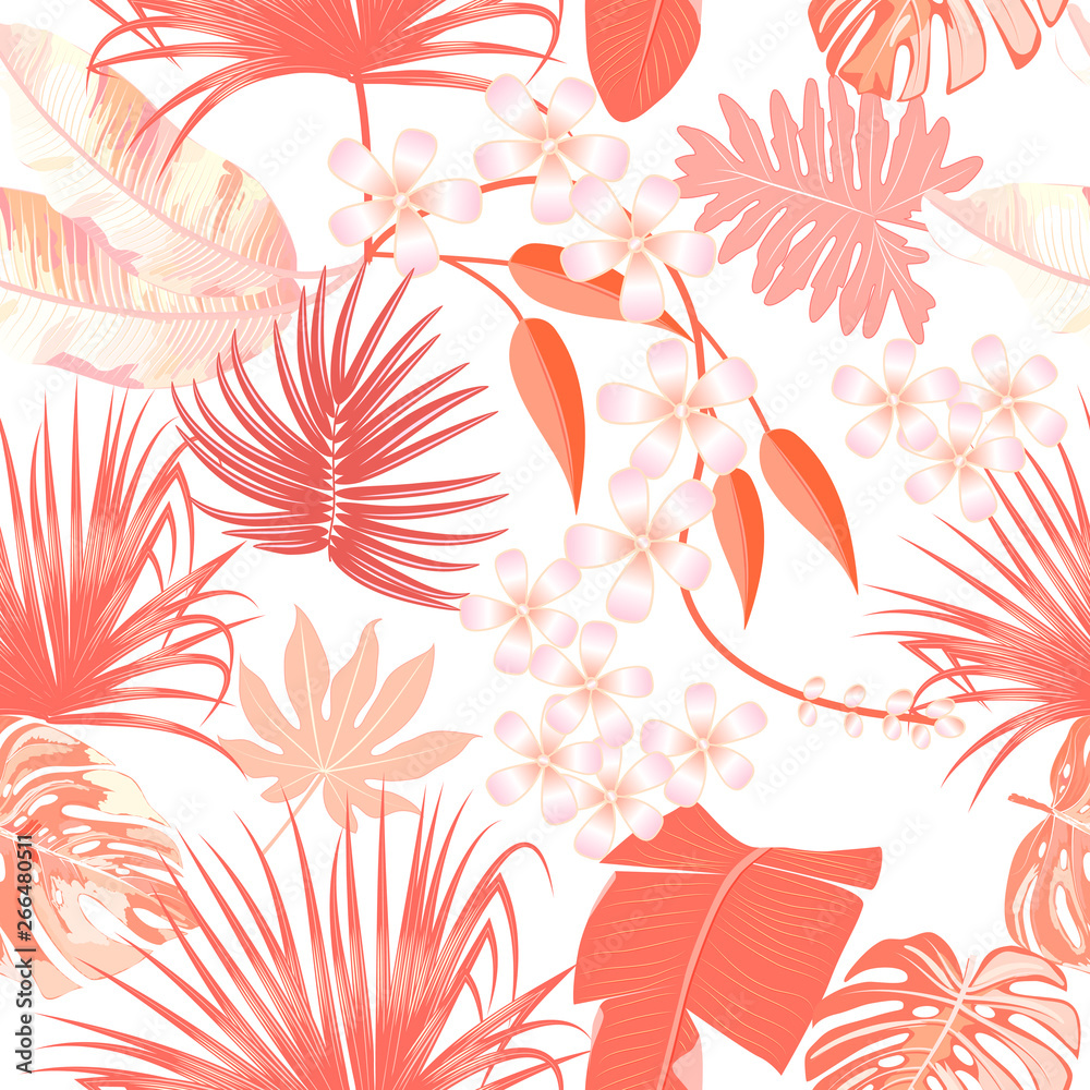 Tropical vector seamless pattern in Living Coral color. Main trend concept.
