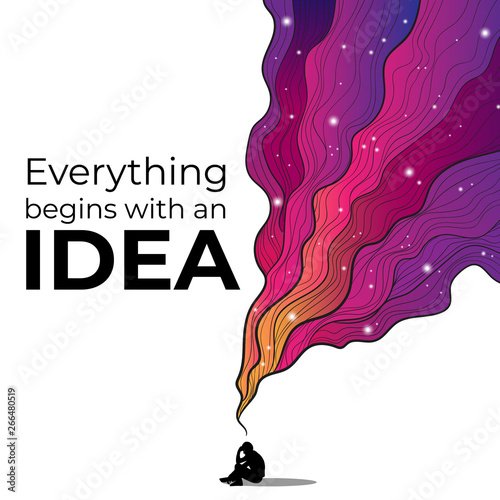 Vectors hand draw illustration of thinking silhouette of man with colorful cosmic imaginary fluid wave on white background with motivation quotes everything begins with an idea photo