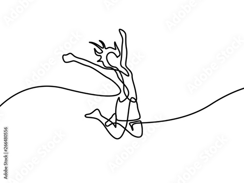 Continuous line drawing Girl jumping for happy. Vector illustration.