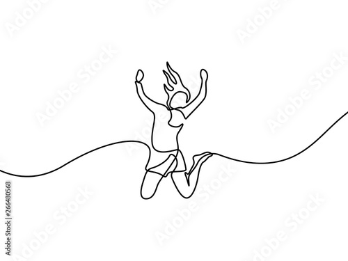 Continuous line drawing Woman jumps for happy. Vector illustration.