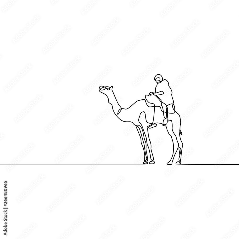Continuous line drawing Camel with horseman. Vector illustration. Continuous line drawing Camel with horseman. Vector illustration.