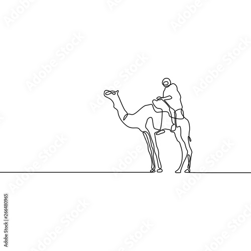 Continuous line drawing Camel with horseman. Vector illustration.