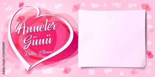 Anneler Gunu, Kutlu Olsun, translation: Happy mother's day. Pink love hearts greeting card for mother's day. Mom i love you flyer or poster template. Vector Illustration © koltukovs